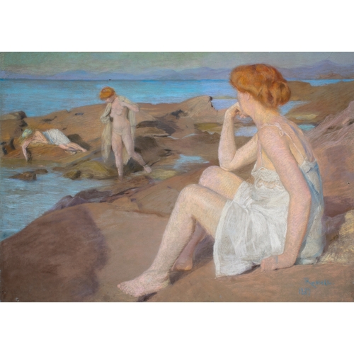 610 - Russell (?)A portrait of a lady in three positions, clad, unclad and semi-clad on a rocky beachPaste... 