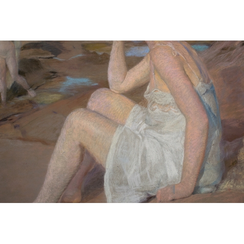 610 - Russell (?)A portrait of a lady in three positions, clad, unclad and semi-clad on a rocky beachPaste... 