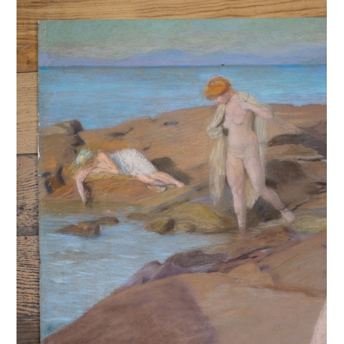 610 - Russell (?)A portrait of a lady in three positions, clad, unclad and semi-clad on a rocky beachPaste... 