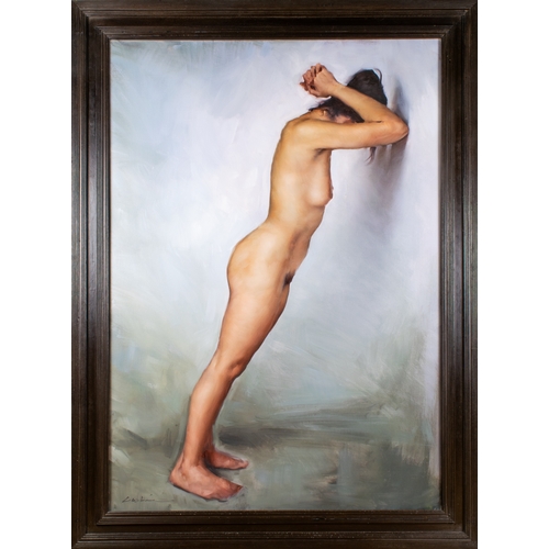 612 - Michael. J. Austin (English, b. 1959) Nude against a wallOil on canvasSigned lower rightProvenance:&... 