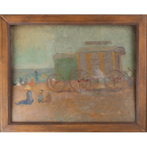 641 - Circa 1900Figures and bathing hut by the seaOil on panelWith Hollywood Road Gallery label verso... 