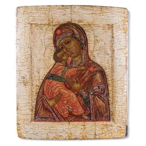 677 - RussianThe Virgin of VladimirCirca 1700Tempera and gold on panelWith Christie's sticker versoProvena... 