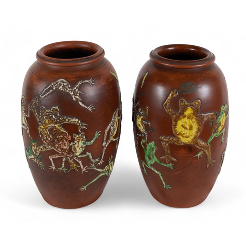 739 - Japanesec. 1900A pair of terracotta vases with appliqué overglaze dancing frogsWith marks und... 