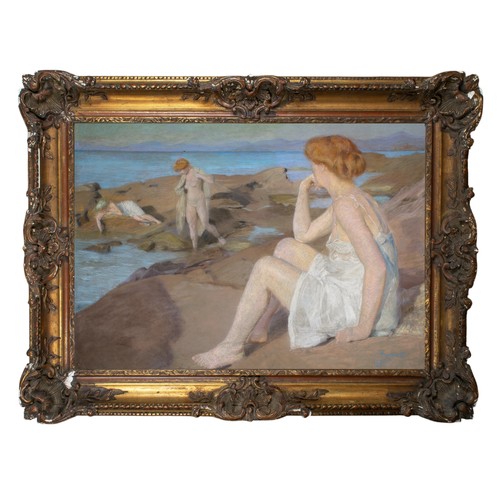 610 - Russell (?)A portrait of a lady in three positions, clad, unclad and semi-clad on a rocky beachPaste... 