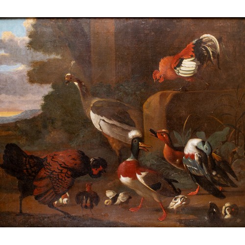 346 - Circle of Melchior d'Hondecoeter (Dutch, 1636-1695)Fowl and pea hen in a landscapeOil on canvasWith ... 