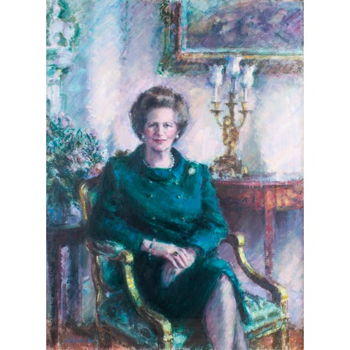 197 - Anne Mackintosh (Scottish, 1944-2014)Portrait of Lady Thatcher, three-quarter length, seated in an a... 