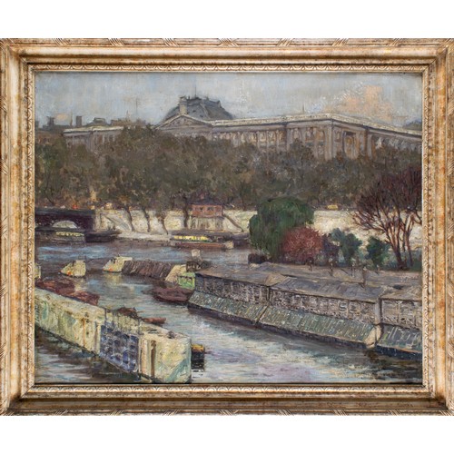 431A - French School, circa 1920A view of the Seine with the Louvre beyondOil on canvasSigned indistinctly ... 