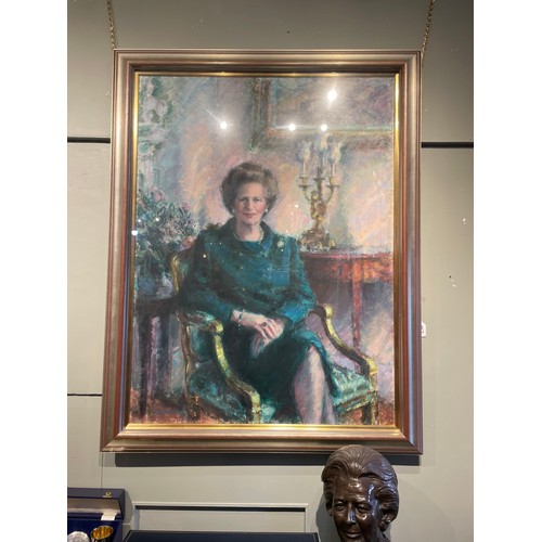 197 - Anne Mackintosh (Scottish, 1944-2014)Portrait of Lady Thatcher, three-quarter length, seated in an a... 