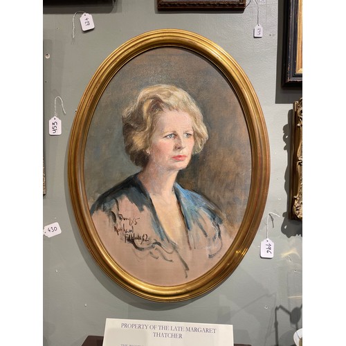 196 - Brenda Bury (English, b. 1932)Portrait of Baroness Thatcher1985Oil on canvasSigned 'Bury 85' lower l... 