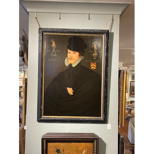 338 - English SchoolCirca 1590Portrait of a Gentleman, in hat and high collarInscribed to the left with di... 