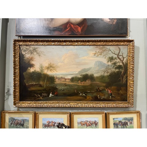 392 - John Wootton (British, 1682-1764)A stag at bayOil on canvasDimensions:(Frame) 29.5 in. (H) x 53 in. ... 