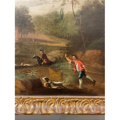 392 - John Wootton (British, 1682-1764)A stag at bayOil on canvasDimensions:(Frame) 29.5 in. (H) x 53 in. ... 