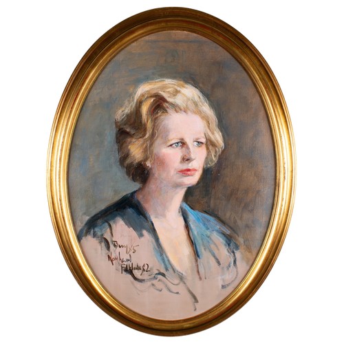 196 - Brenda Bury (English, b. 1932)Portrait of Baroness Thatcher1985Oil on canvasSigned 'Bury 85' lower l... 