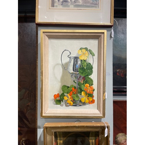 496 - Martin Battersby (British, 1914–1982)A still life with nasturtium and Art Nouveau chaliceOil on canv... 