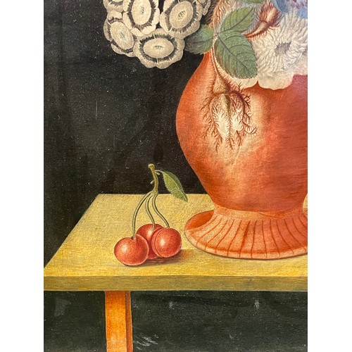 339 - Continental, 18th CenturyStill life with cherries and snailsOil on vellumInitialled 'EB' on table ed... 