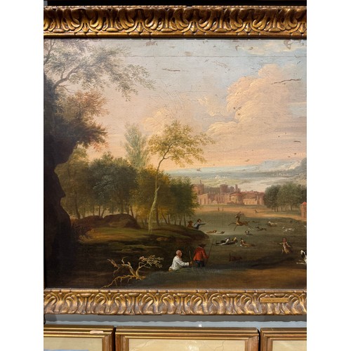 392 - John Wootton (British, 1682-1764)A stag at bayOil on canvasDimensions:(Frame) 29.5 in. (H) x 53 in. ... 