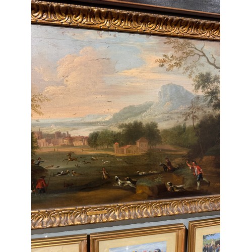 392 - John Wootton (British, 1682-1764)A stag at bayOil on canvasDimensions:(Frame) 29.5 in. (H) x 53 in. ... 