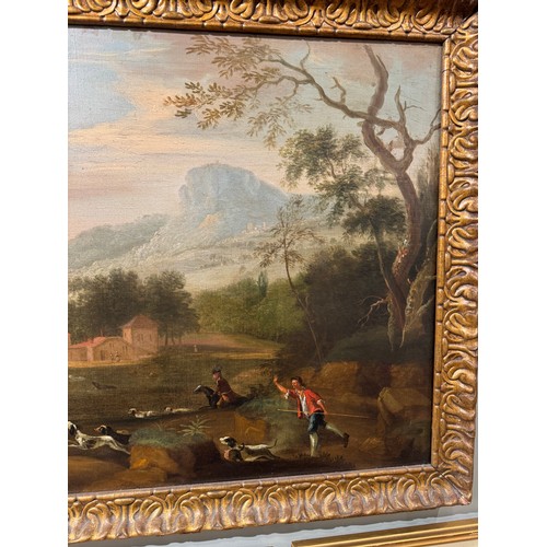 392 - John Wootton (British, 1682-1764)A stag at bayOil on canvasDimensions:(Frame) 29.5 in. (H) x 53 in. ... 