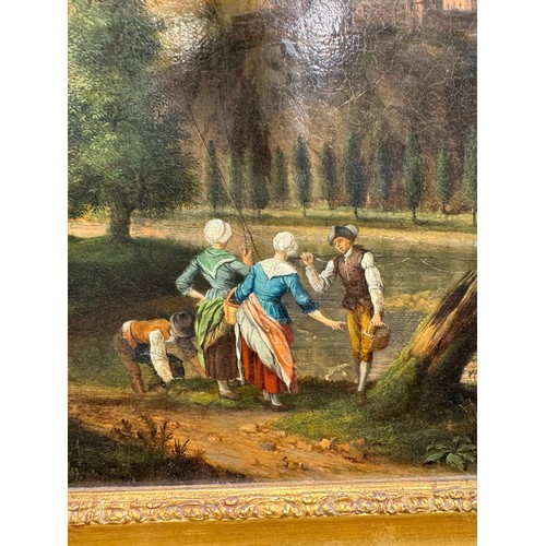 388 - Continental school18th centuryFishing in an Italianate landscapeOil on canvasSigned lower left, '...... 