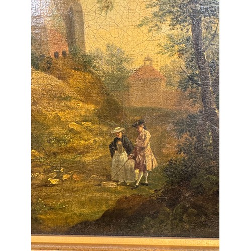 391 - Circle of Thomas Gainsborough (English, 1727-1788)Figures walking outside ancient fortificationsOil ... 