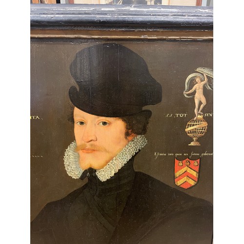 338 - English SchoolCirca 1590Portrait of a Gentleman, in hat and high collarInscribed to the left with di... 