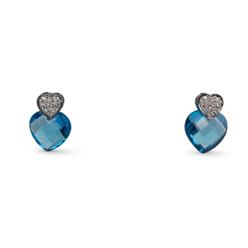 109 - Contemporary, A pair of 18k white gold topaz and diamond earrings each designed as a double heart. T... 