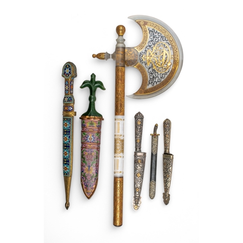 133 - A group of five various daggers and a glass axeTo include:[a] Early 20th century, A cloisonné... 