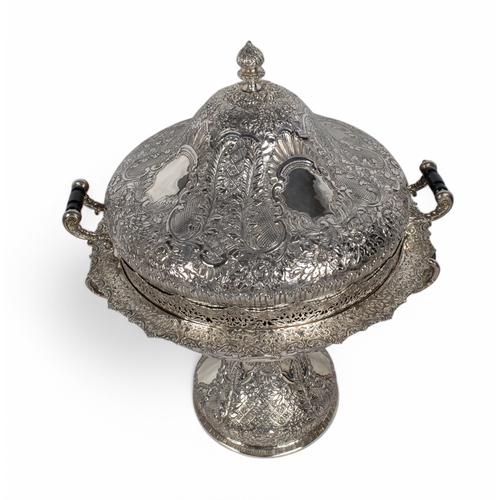 169 - A Large Turkish Sterling silver repoussé decorated tagine and cover on a pedestal footHallmar... 