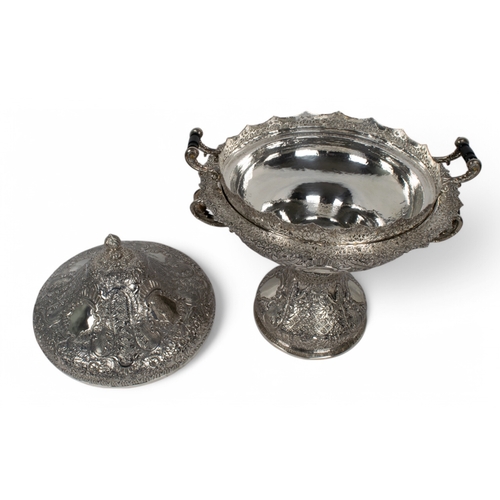 169 - A Large Turkish Sterling silver repoussé decorated tagine and cover on a pedestal footHallmar... 