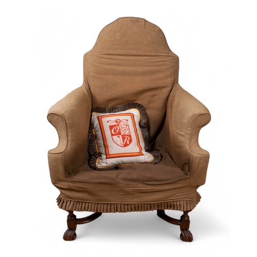 220 - William and Mary style, A single small wingback armchair with brown upholstery coverBack brokenDimen... 