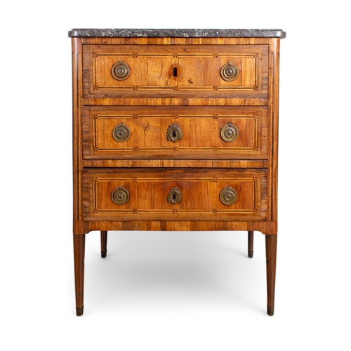 226 - French18th centuryA parquetry inlaid petite chest of drawers, with marble top above three drawers wi... 