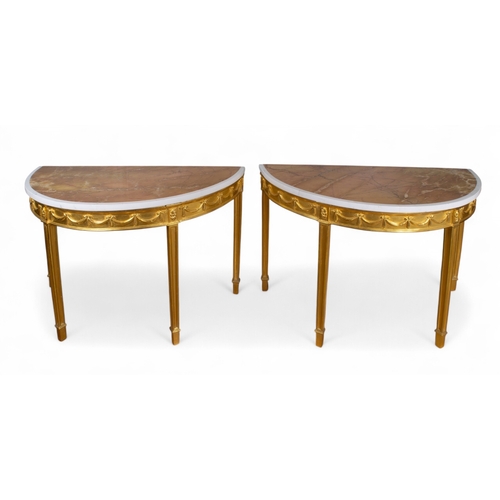 239 - British, 19th centuryA pair of Adam style gilt-wood demi-lune side tables with later marble topsProv... 