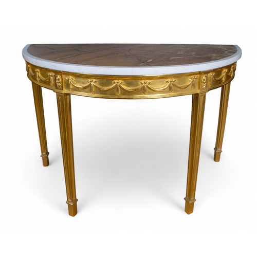 239 - British, 19th centuryA pair of Adam style gilt-wood demi-lune side tables with later marble topsProv... 