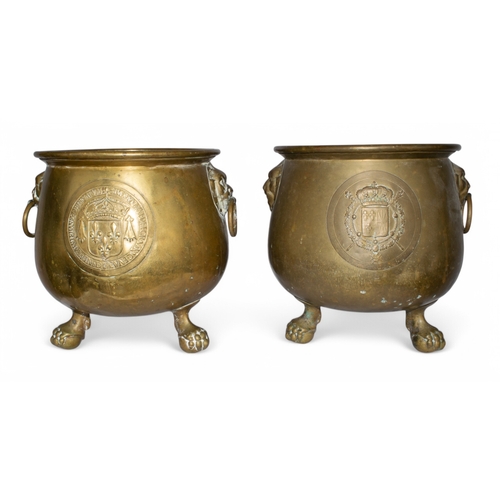 242 - A near pair of brass jardinières, with the arms of France and Navarre engraved to sidesOn bal... 