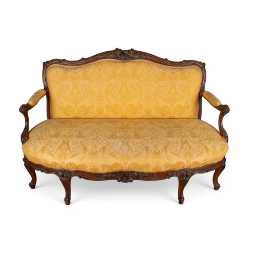 256 - Antique, Louis XV styleA walnut canapé with yellow upholsteryDimensions:33.5 in. (H) x 53.5 in. (W) ... 