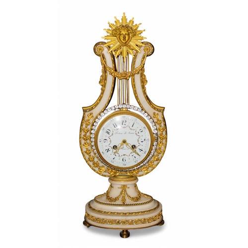 266 - French19th centuryFesteau Le JeuneA gilded ormolu and white marble mantle clock in the shape of a ly... 