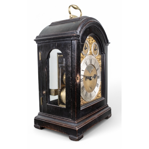 305 - Alex Cumming (British, 1732-1814)Brass mounted ebonised quarter chiming table clockWith pendulum and... 