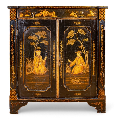 312 - ChineseLate 18th/Early 19th centuryBlack lacquered side cabinetDecorated in chinoiserie Enclose... 