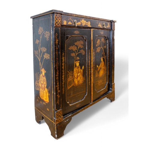 312 - ChineseLate 18th/Early 19th centuryBlack lacquered side cabinetDecorated in chinoiserie Enclose... 