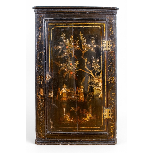 314 - Late 18th CenturyA black lacquered hanging corner cupboardDecorated with figures and animals under a... 