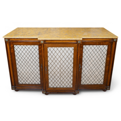 317 - RegencyA rosewood and satinwood breakfront dwarf side cabinetWith marble top and applied with brass ... 