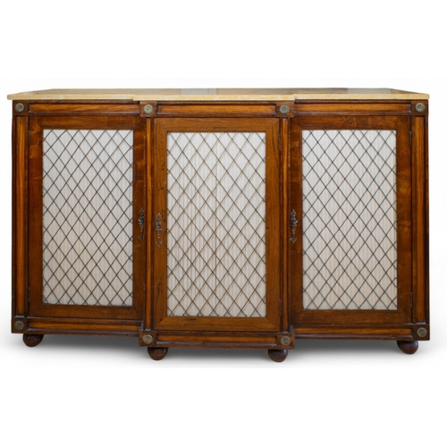 317 - RegencyA rosewood and satinwood breakfront dwarf side cabinetWith marble top and applied with brass ... 