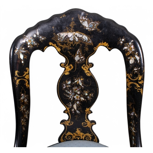 319 - VictorianA pair of black lacquered papier mache chairsInlaid with insects and flowers in mother of p... 