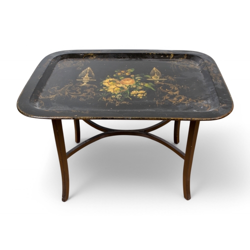 326 - Three black lacquered papier-mâché occasional tables with painted and gilded ornament[a] One of rect... 