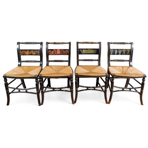 334 - AntiqueIn Regency tasteA set of four black painted standard chairs with rush seats, each with a cent... 