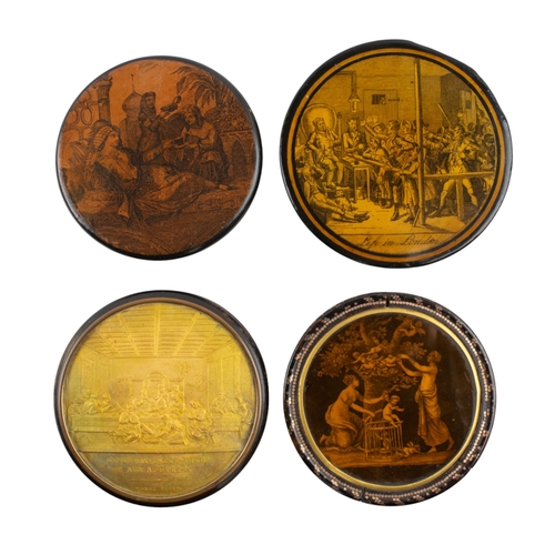 351 - AntiqueA set of four illustrated snuff boxes:[a] One papier-mâché , with a scene of the life of Lond... 