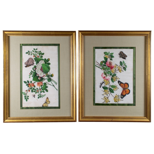 364 - Chinese schoolCirca 1840Nine studies of flowers and mothsdecoupage, watercolour, silk on rice paperF... 