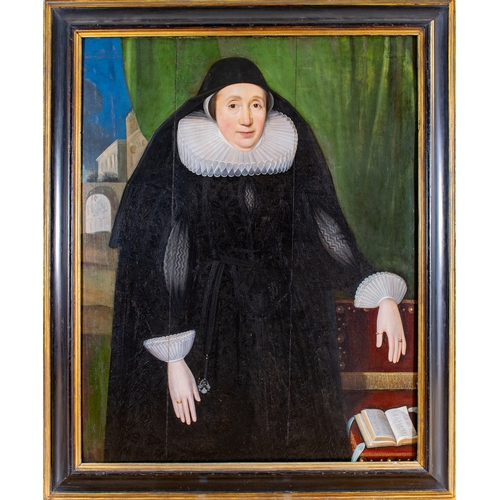 374 - North Italian16th centuryPortrait of lady in mourning, with extravagant ruff and burgundy brass boun... 