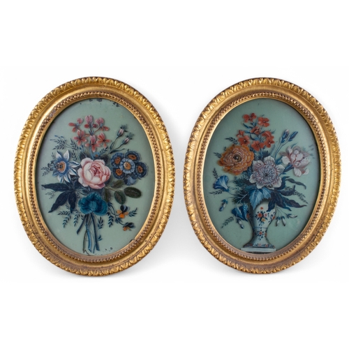 386 - 18th centuryProbably ChineseA pair of reverse glass still lives of flowersIn 18 century carved and g... 