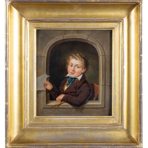 391 - Johann Heinrich Wilhelm Tischbein (German 1751-1829)A boy with sketch, in a stone windowOil on bevel... 